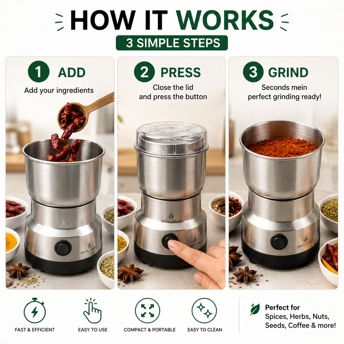 Mini Electric Spice Grinder – Stainless Steel Portable Mixer